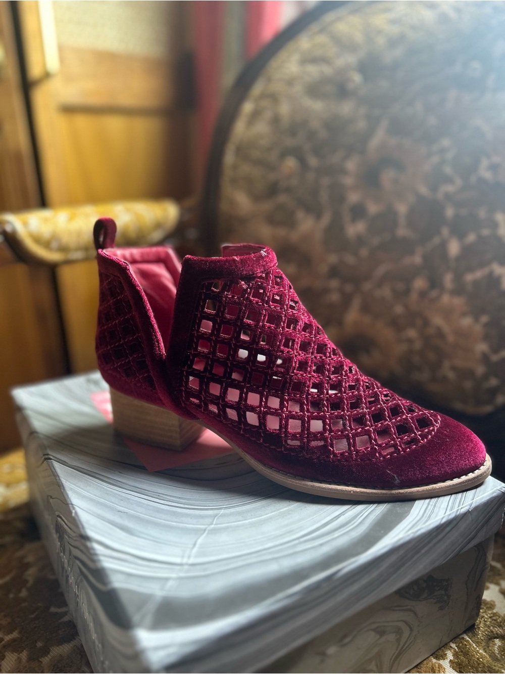 Jeffrey Campbell Wine Velvet Lattice Cutout Booties